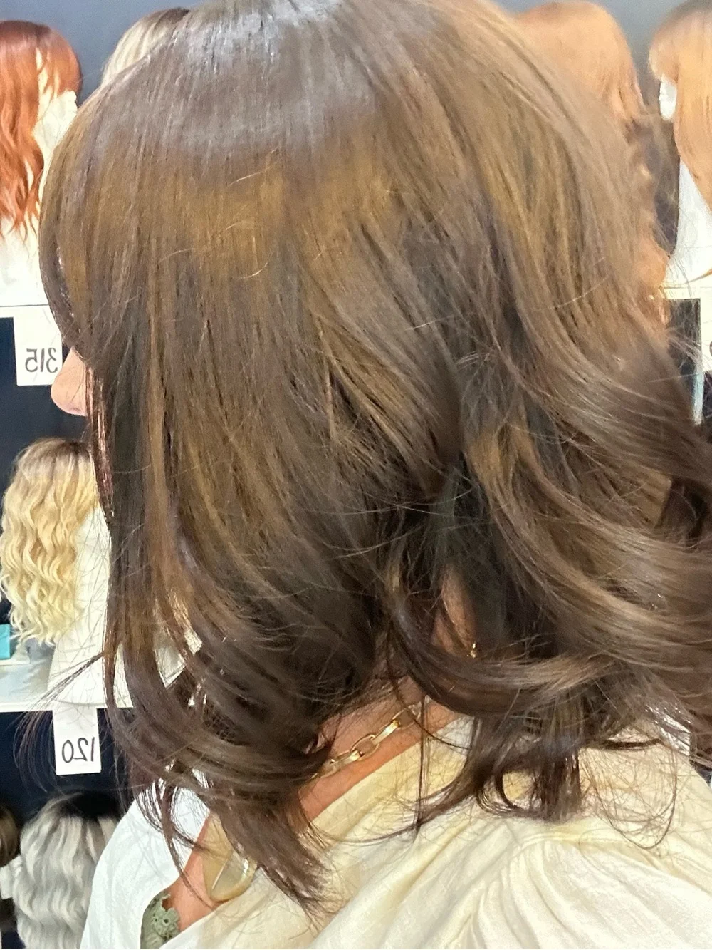 372  Dark Brown Bouncy curl 14” Wavy synthetic Wig with curtain bangs
